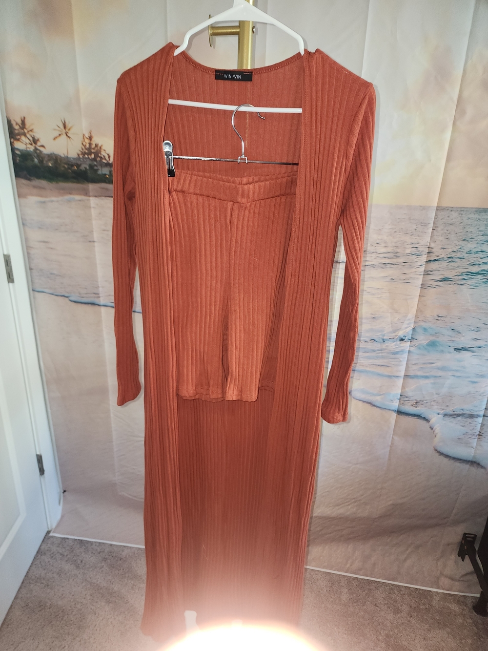 WinWin Two Piece Set  Ribbed Maxi Duster And Shorts in Rust Orange Nwot